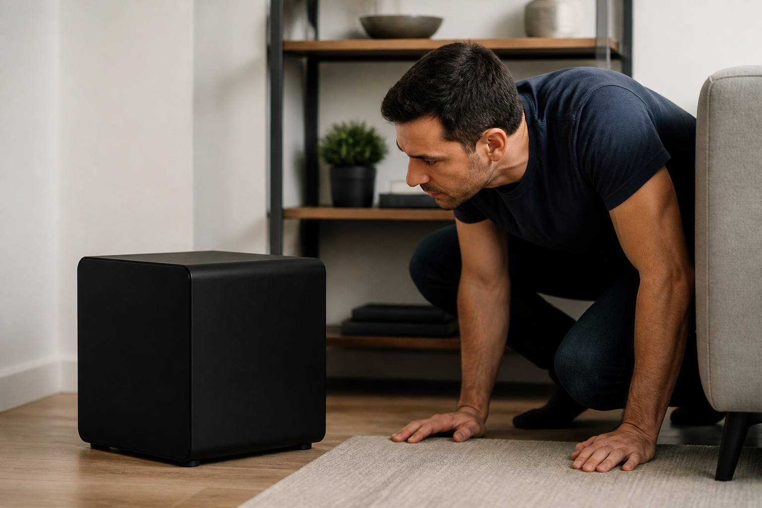 Person testing subwoofer placement in a living room