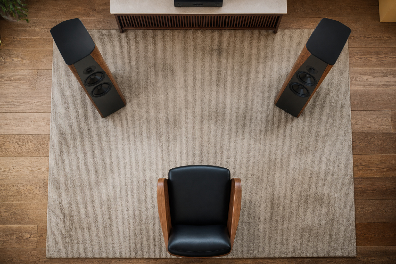 Speakers and chair forming an equilateral triangle