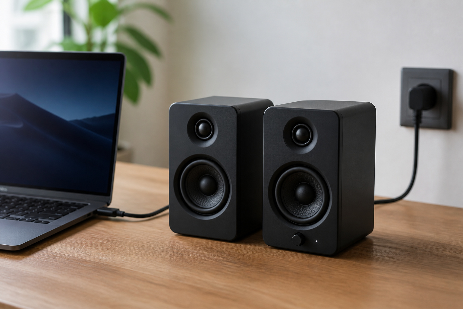 Compact active speakers connected to a laptop