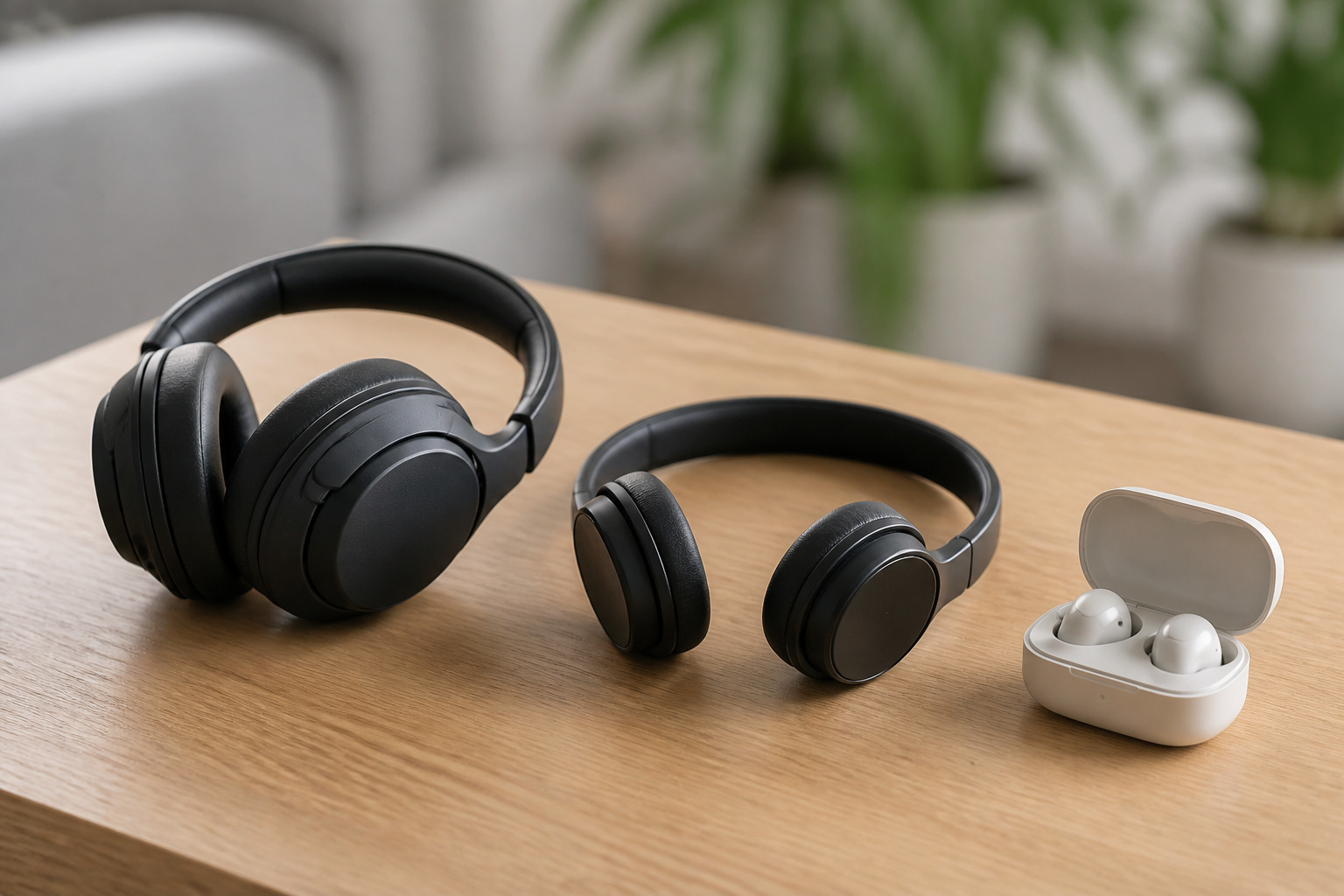 Over-ear, on-ear, and in-ear headphones arranged on a table