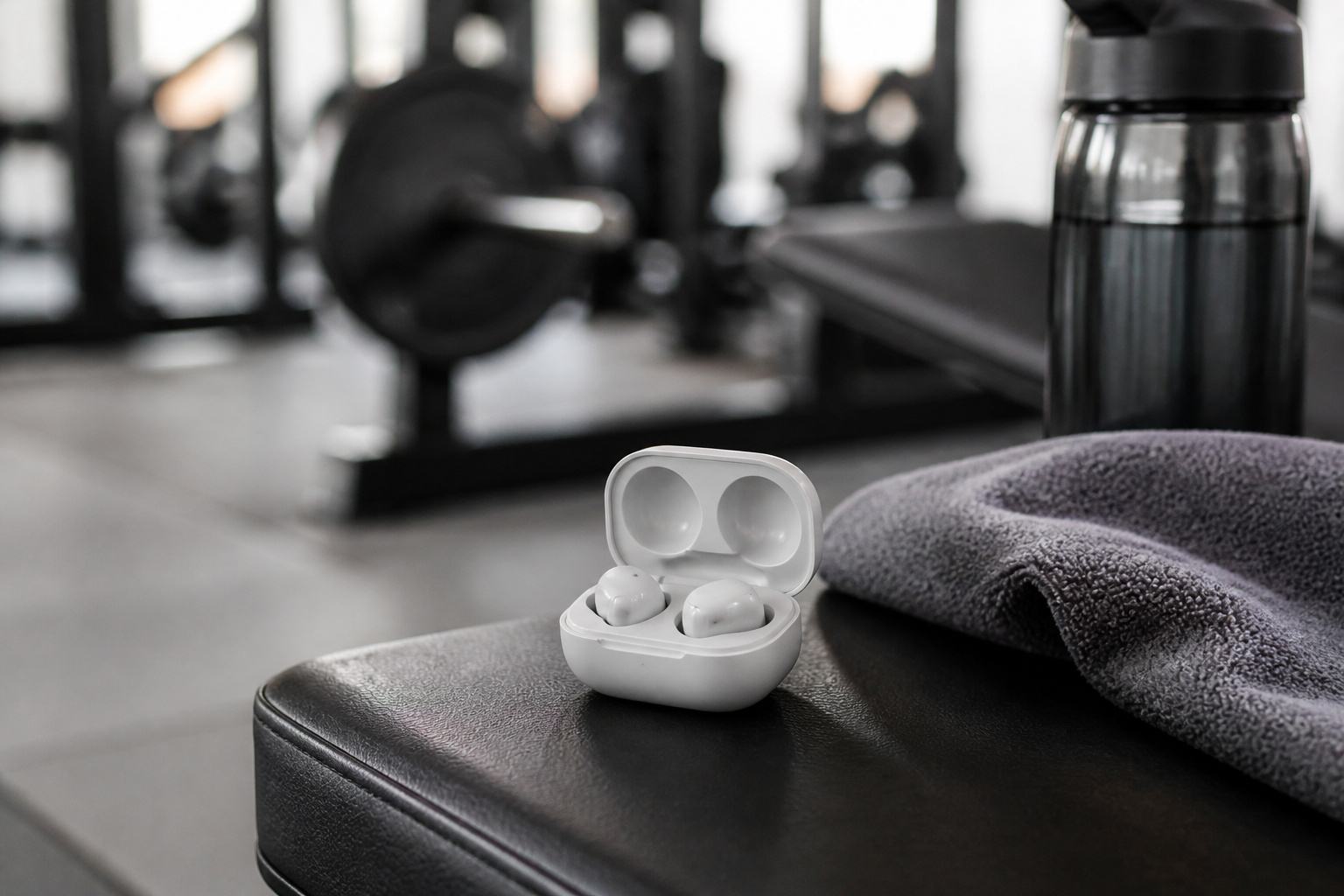 Wireless earbuds in a case on a gym bench