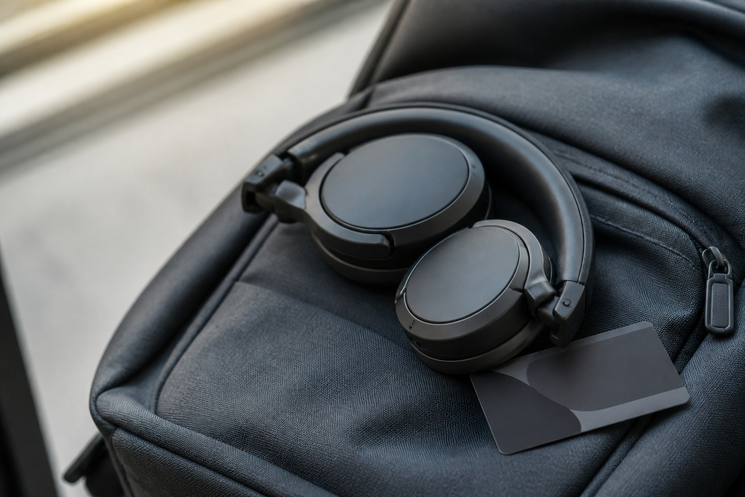 Foldable on-ear headphones on a backpack