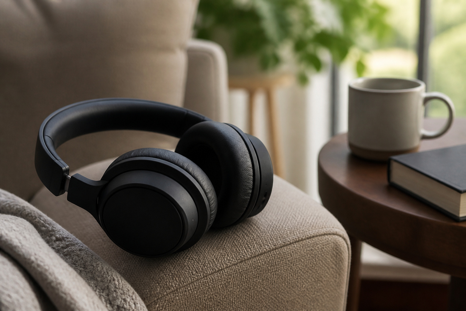 Plush over-ear headphones on an armchair