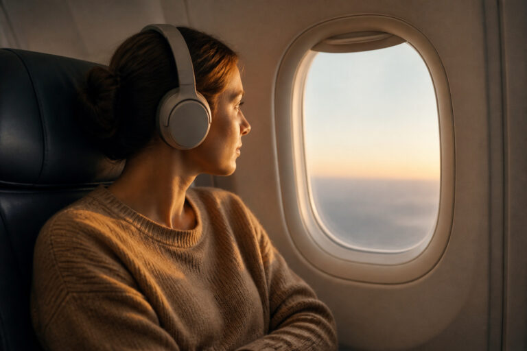 Traveler wearing noise cancelling headphones on an airplane