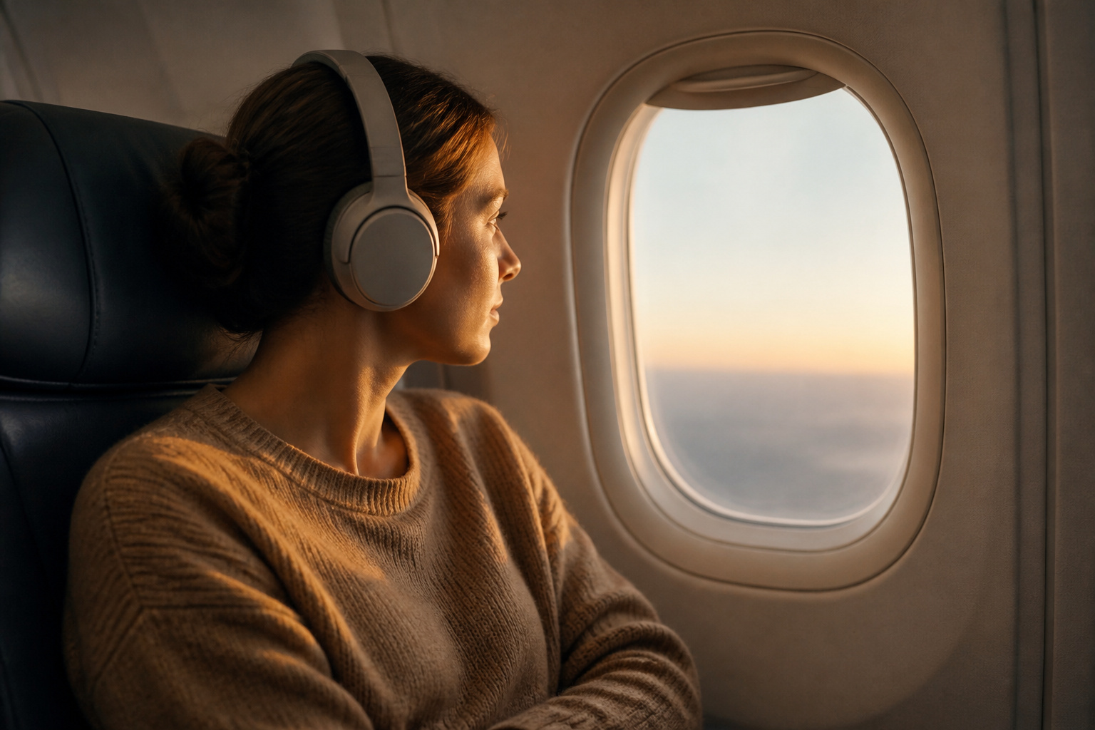 Traveler wearing noise cancelling headphones on an airplane