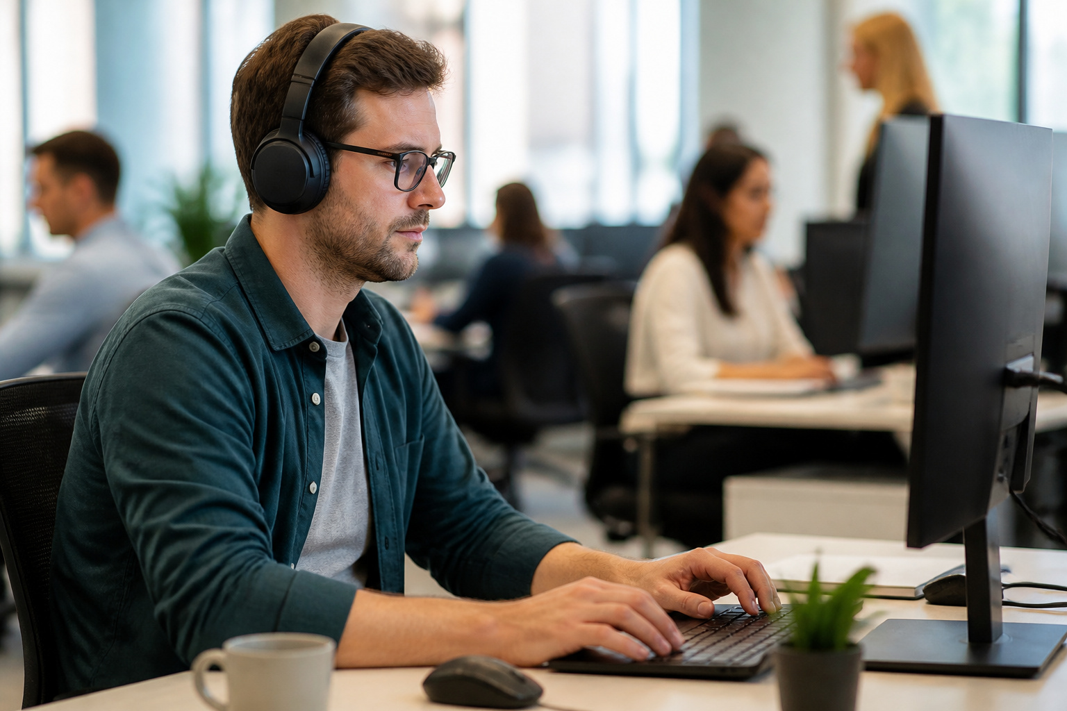 Person wearing headphones in a busy open office