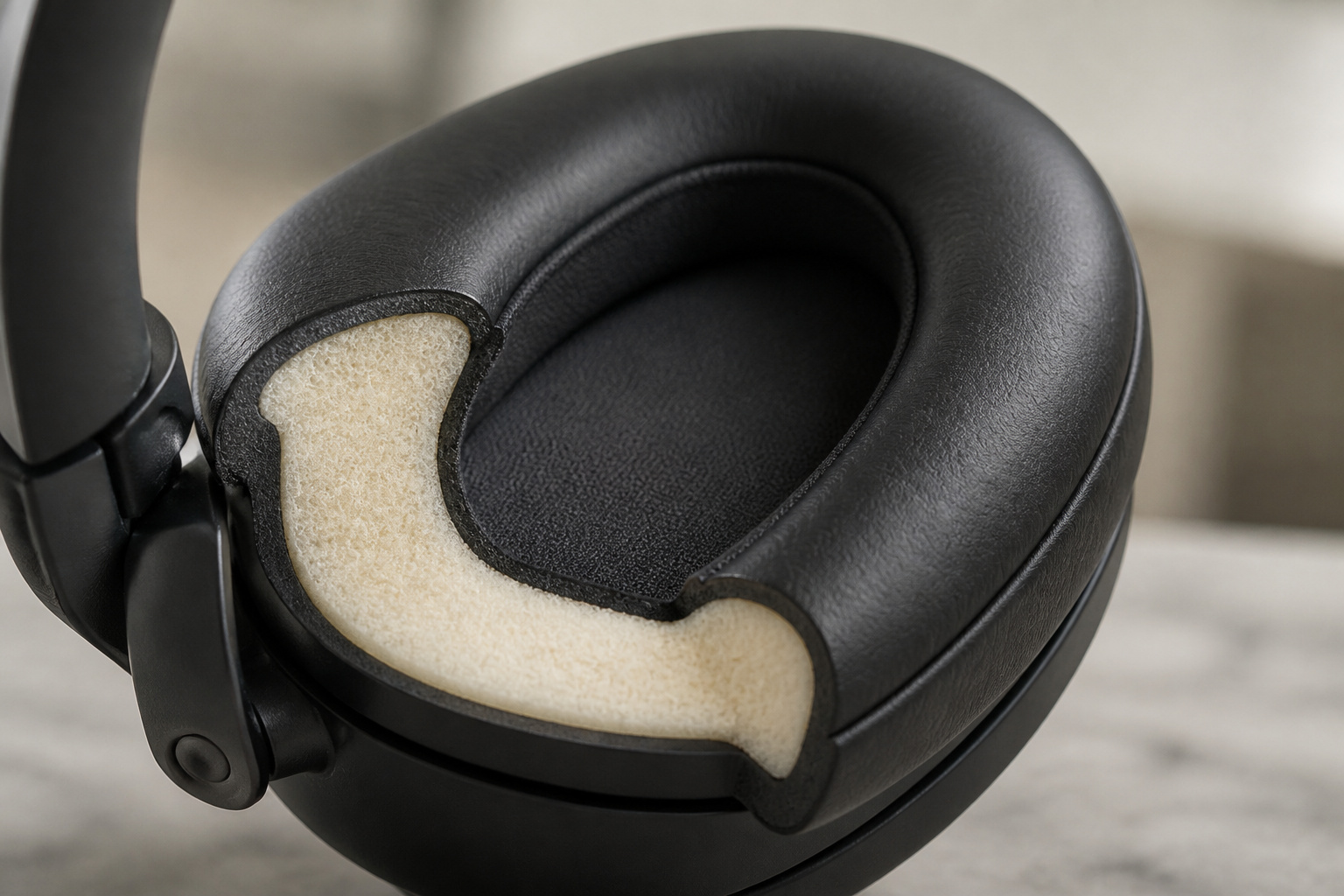 Thick memory foam ear cushion on a headphone