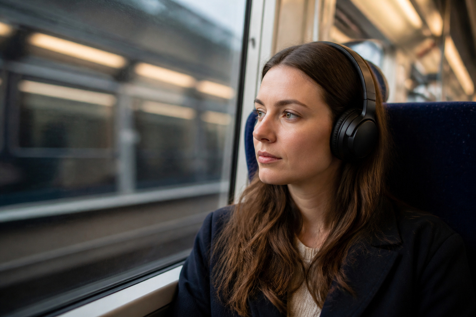 Commuter wearing headphones on a train