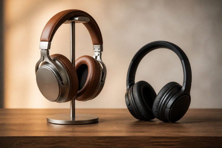 Premium and budget headphones displayed side by side