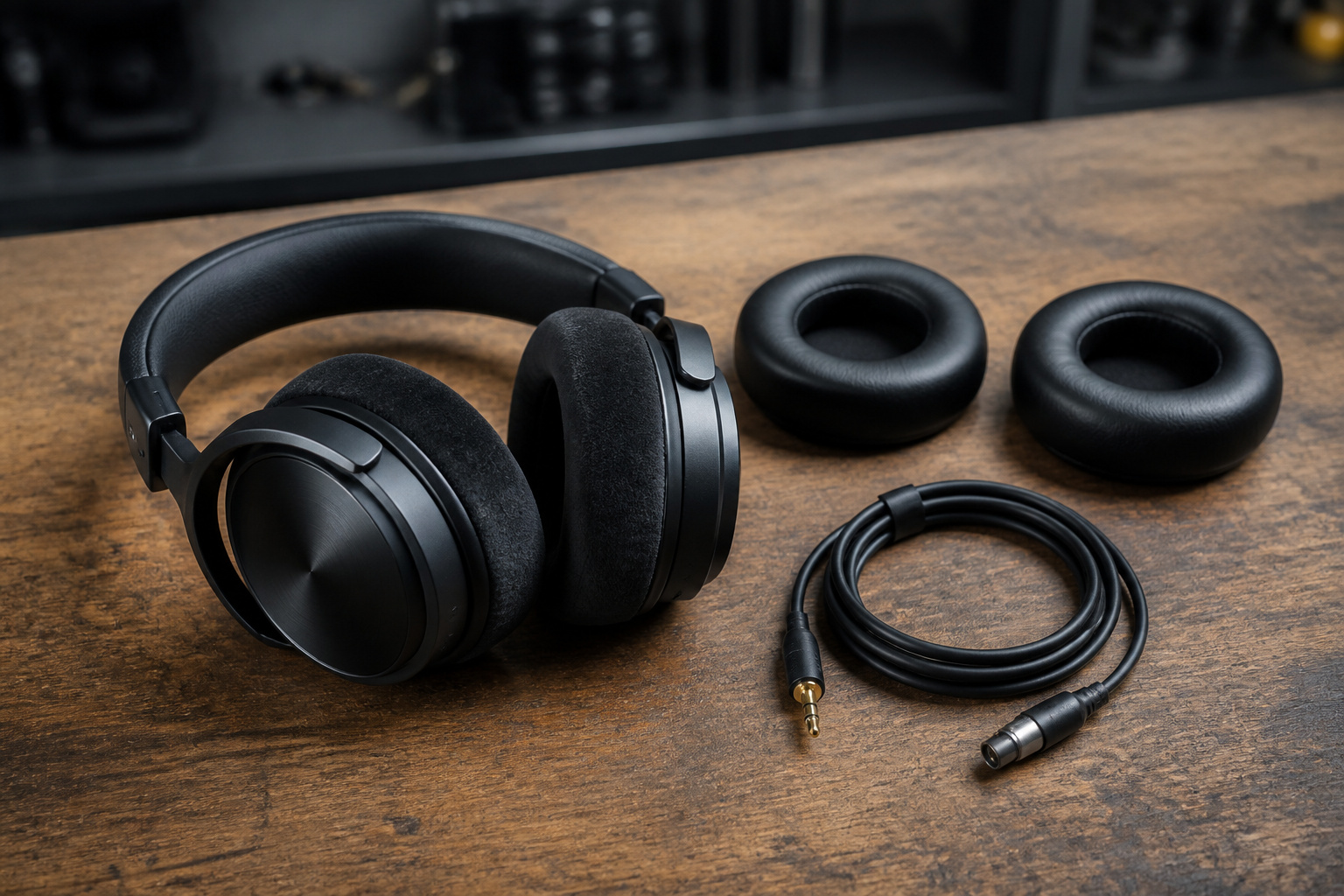 Replacement ear pads and cable beside headphones