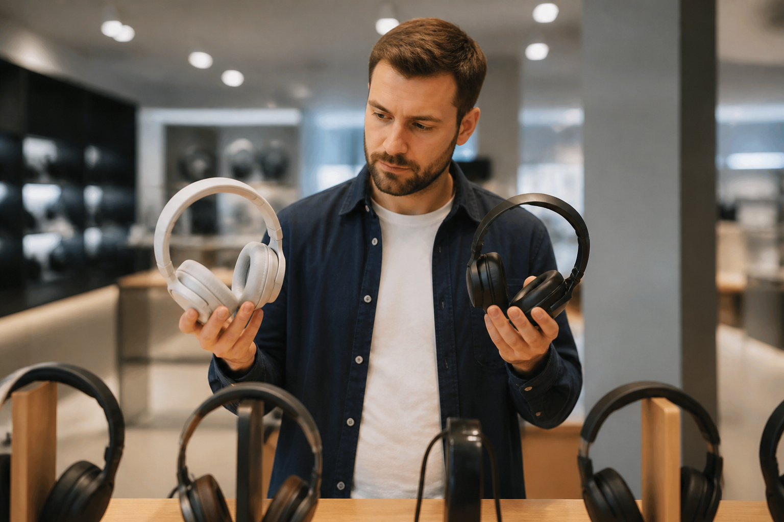 Person comparing two pairs of headphones