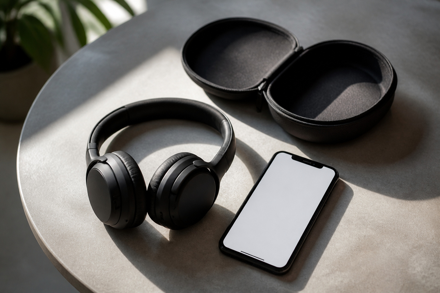 Wireless headphones with smartphone and carrying case