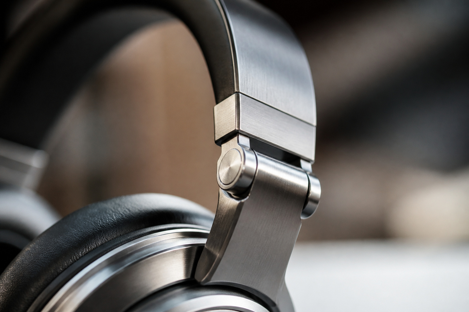 Close-up of a premium headphone hinge and metal headband