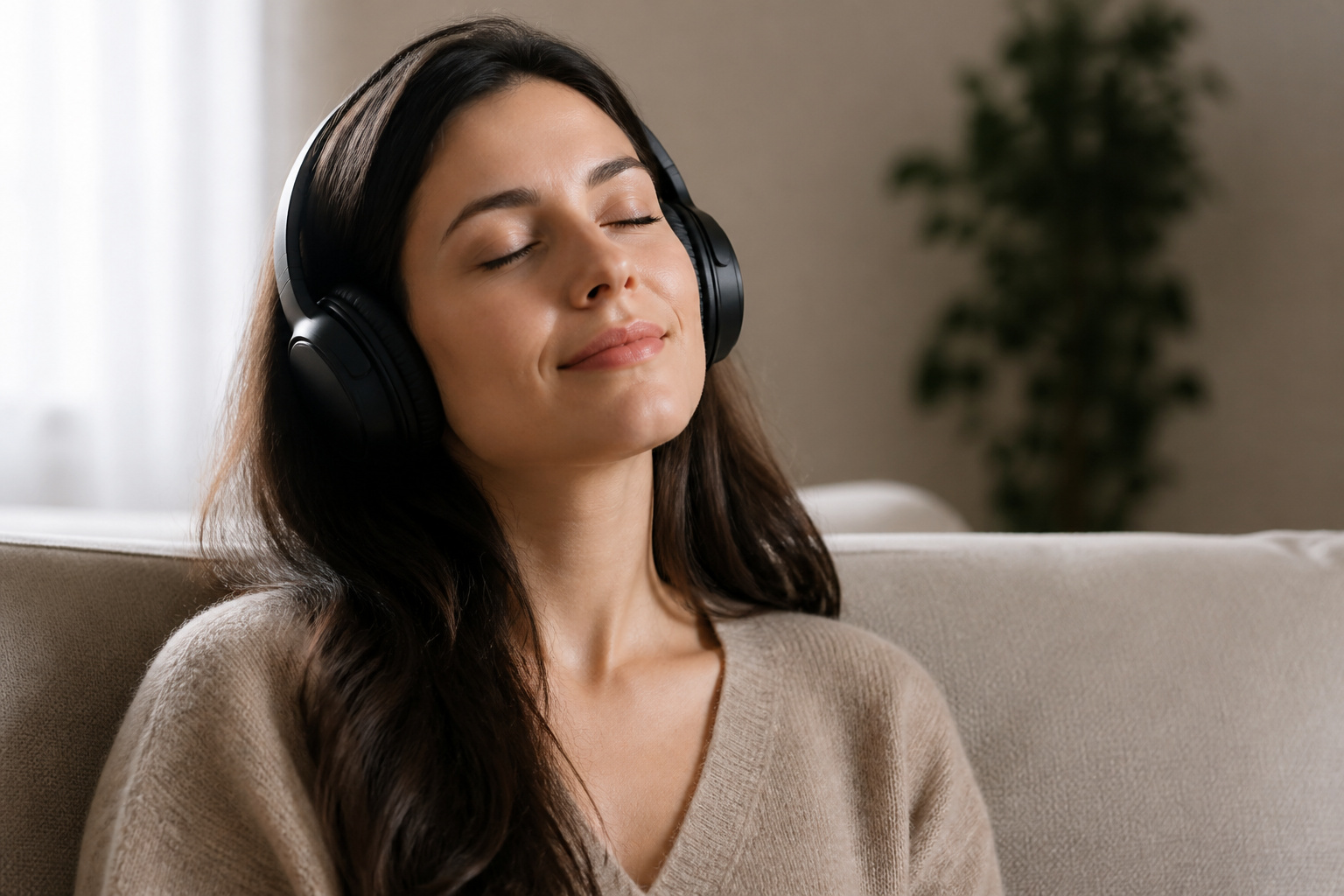 Listener enjoying music with headphones in a quiet room