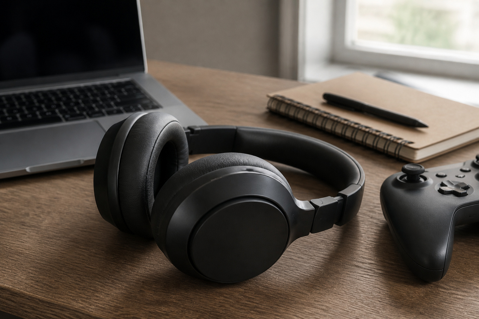 Headphones on a desk beside a laptop and game controller