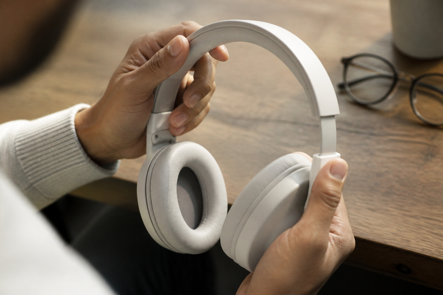 Person adjusting the headband of over-ear headphones