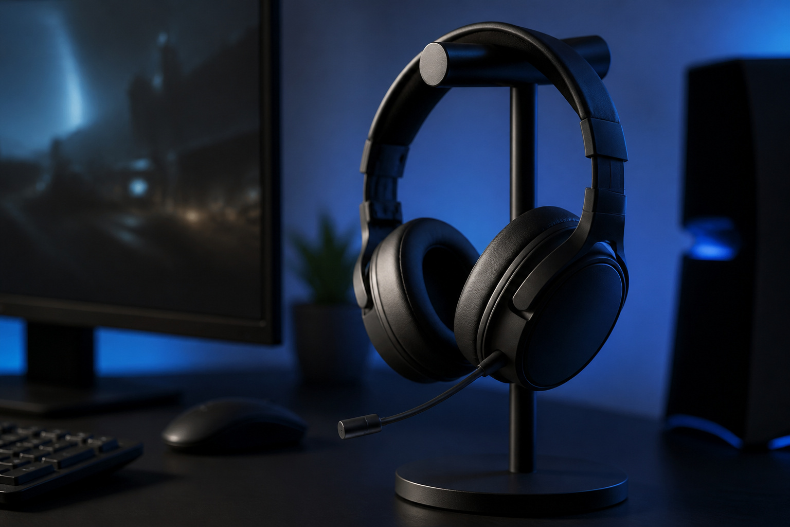 Gaming headset on a stand next to a monitor