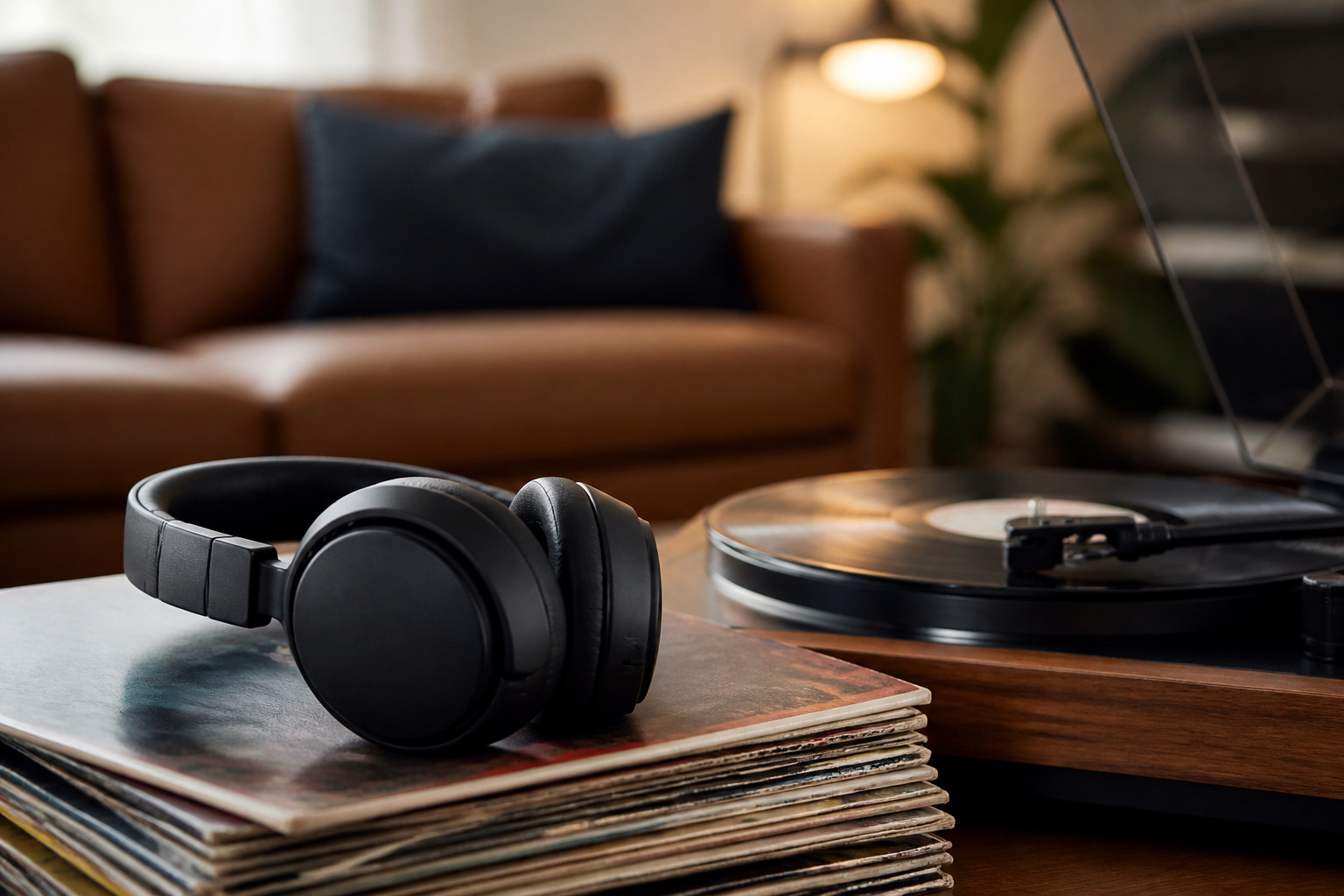 Over-ear headphones resting on vinyl records