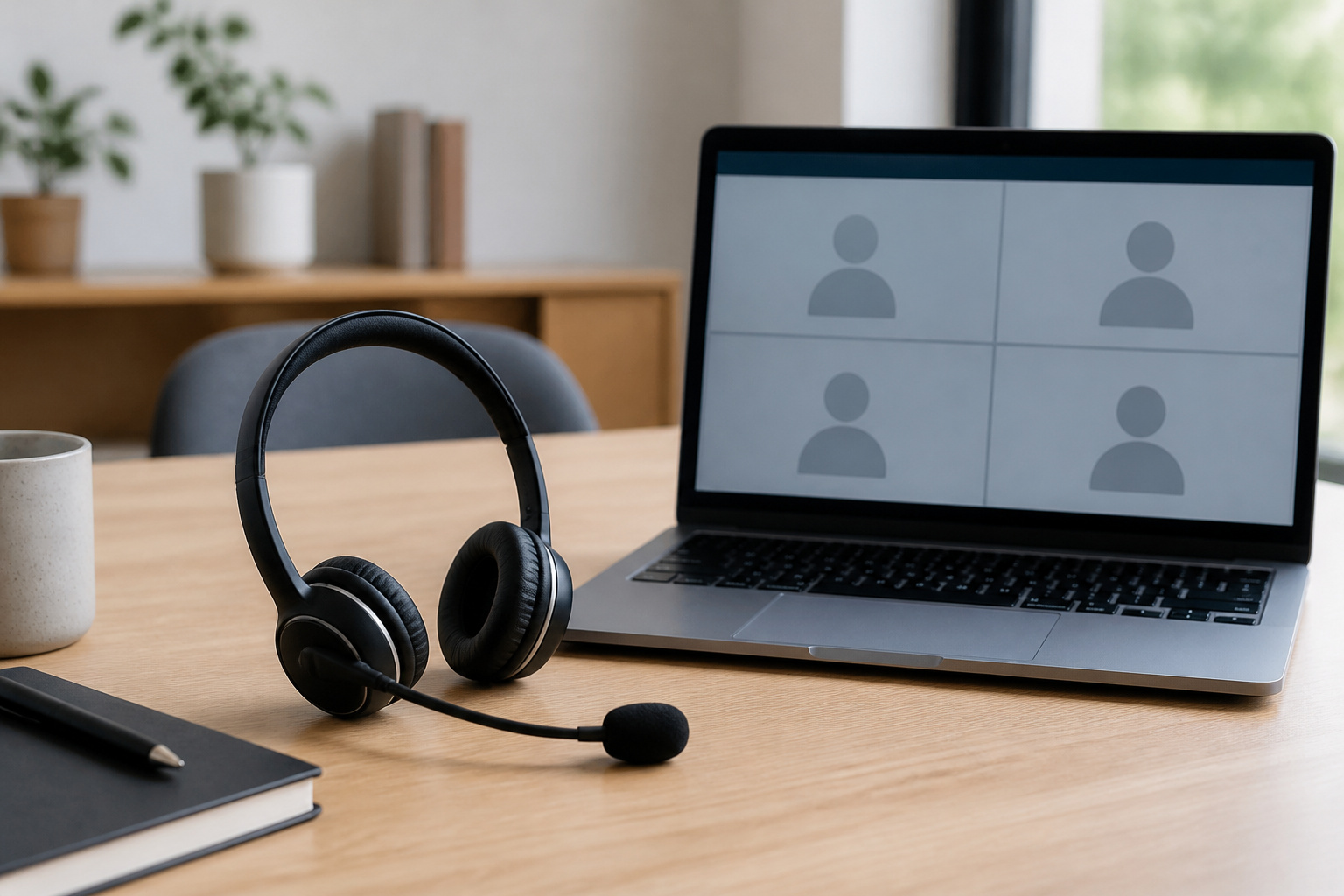 Headset with boom microphone on a home office desk