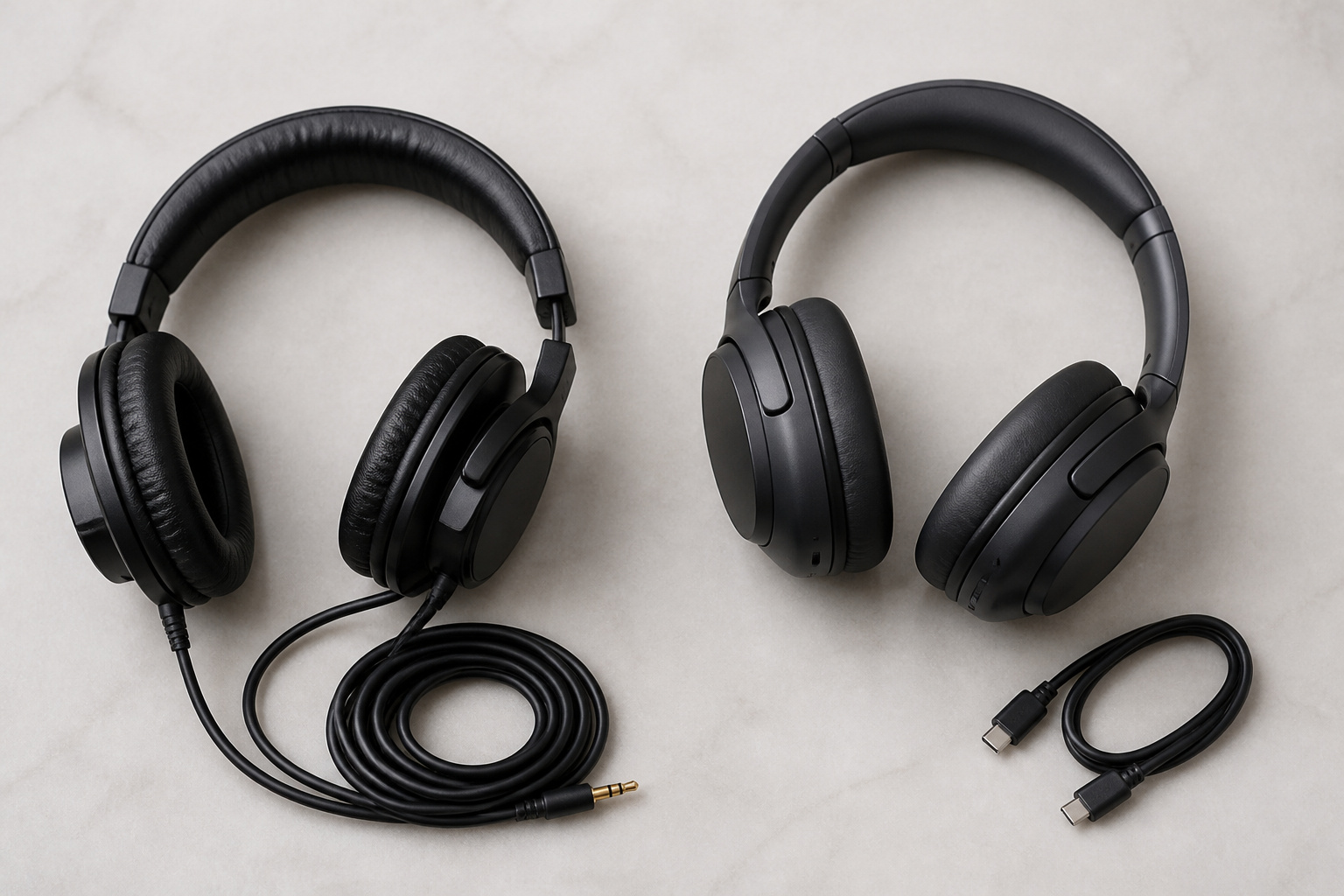 Wired and wireless headphones side by side