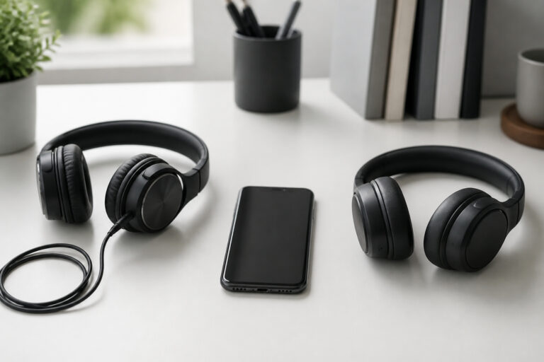 Wired and Bluetooth headphones on a desk with a smartphone