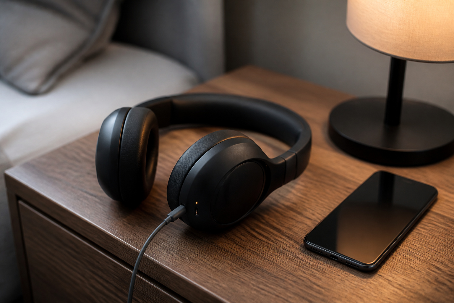Wireless headphones charging on a nightstand