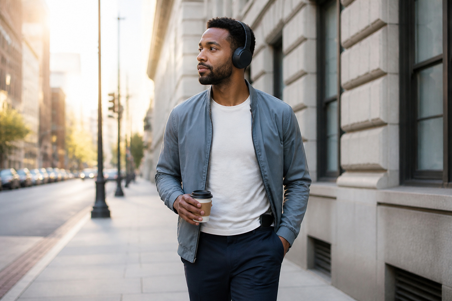 Person walking outdoors with wireless headphones