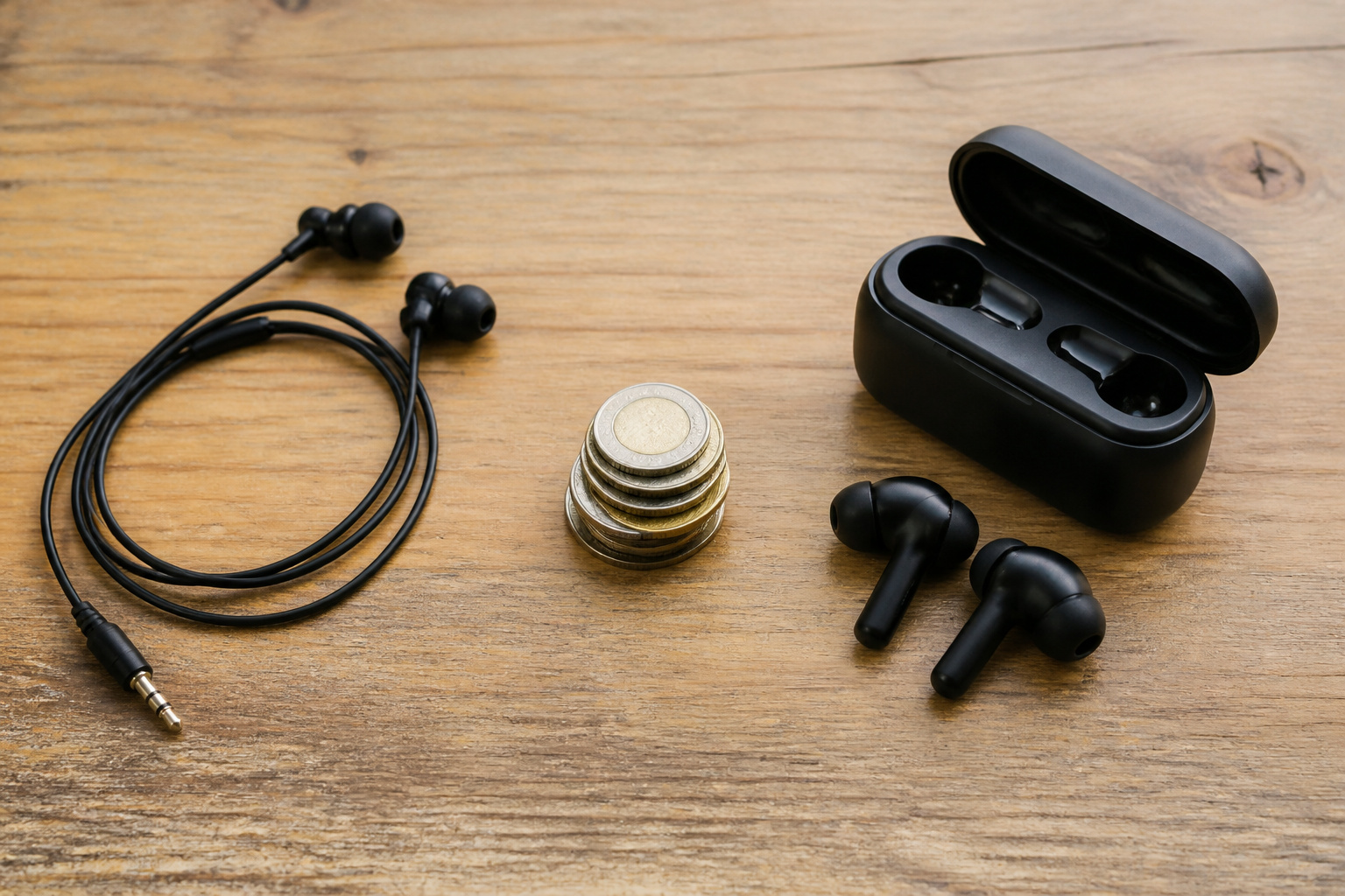 Budget wired headphones beside a premium wireless pair