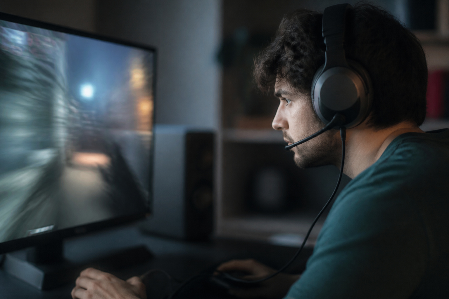 Person gaming with a wired headset