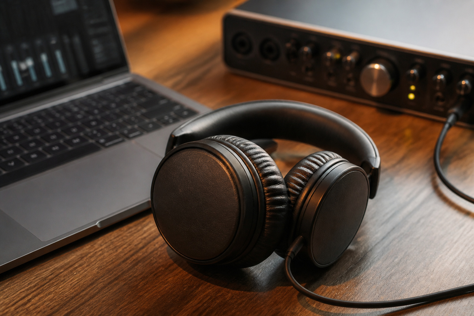 Headphones on a desk next to a laptop and audio interface