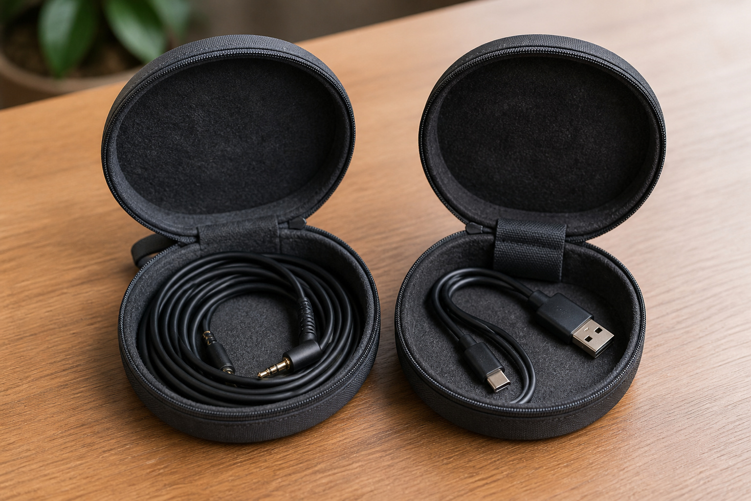 Two headphone cases, one wired and one wireless