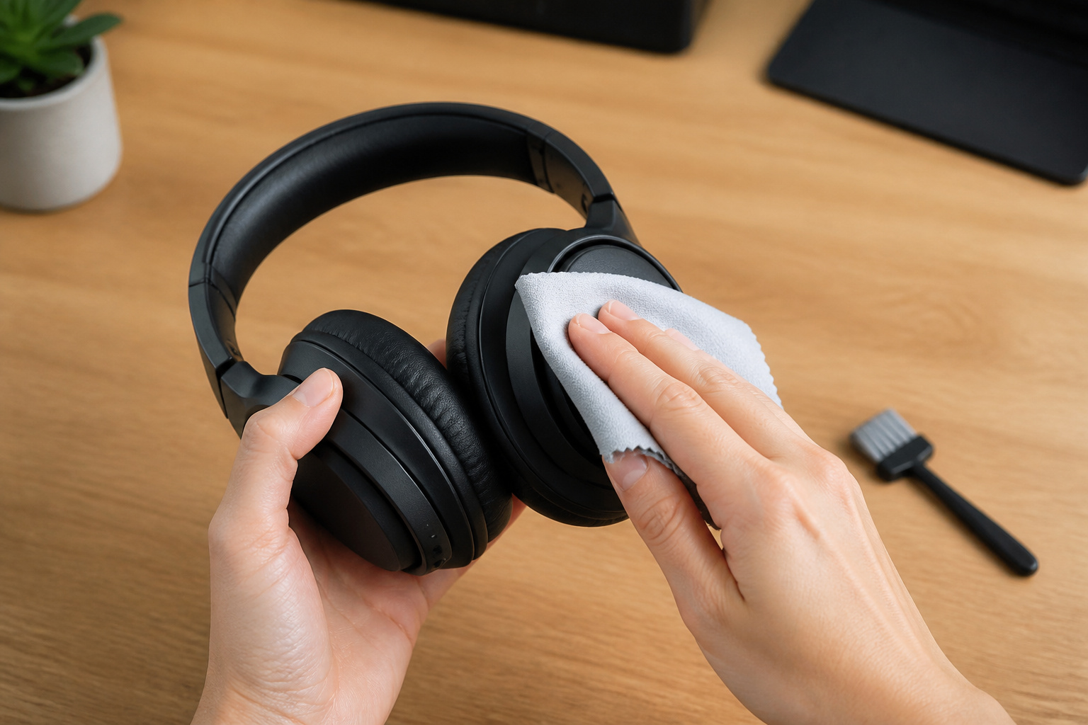 Hands cleaning headphones with a soft cloth
