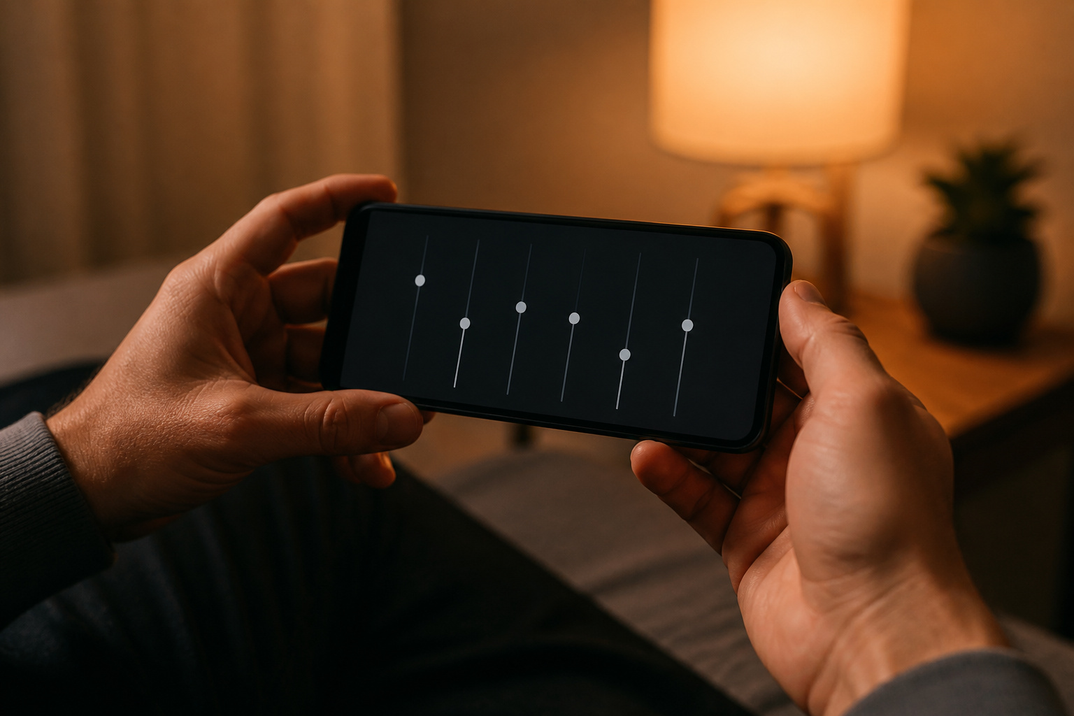 Hands holding a smartphone to adjust sound settings
