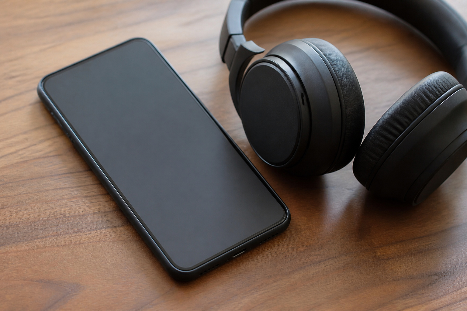 Smartphone beside headphones on a wooden table