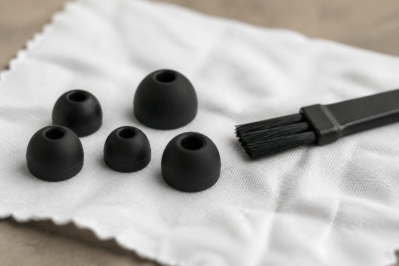 Earbud tips and a soft cleaning brush