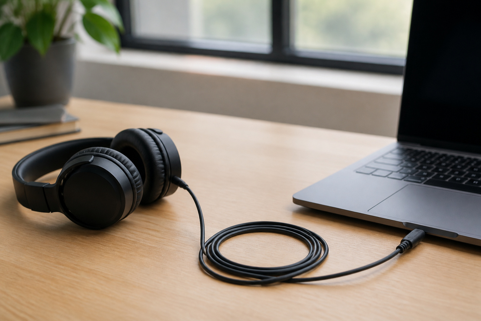 Headphones plugged into a laptop with a cable