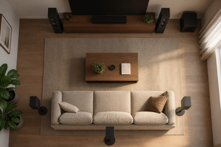 Speakers placed around a living room sofa