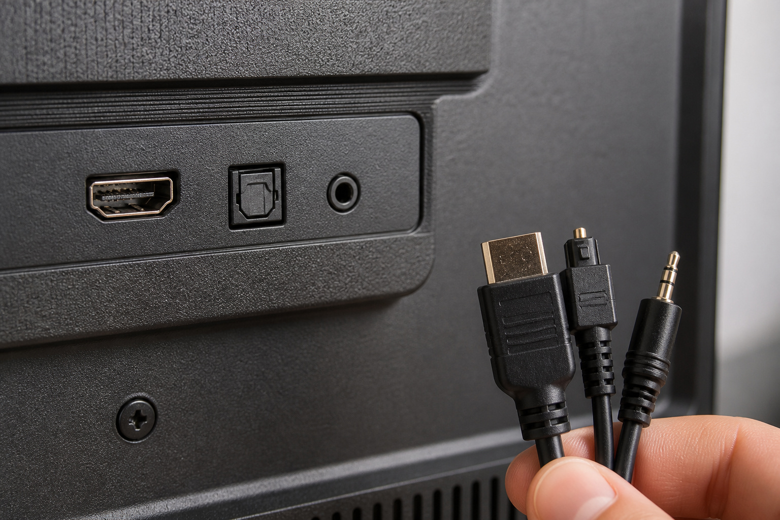 Back of a TV showing HDMI, optical, and audio ports