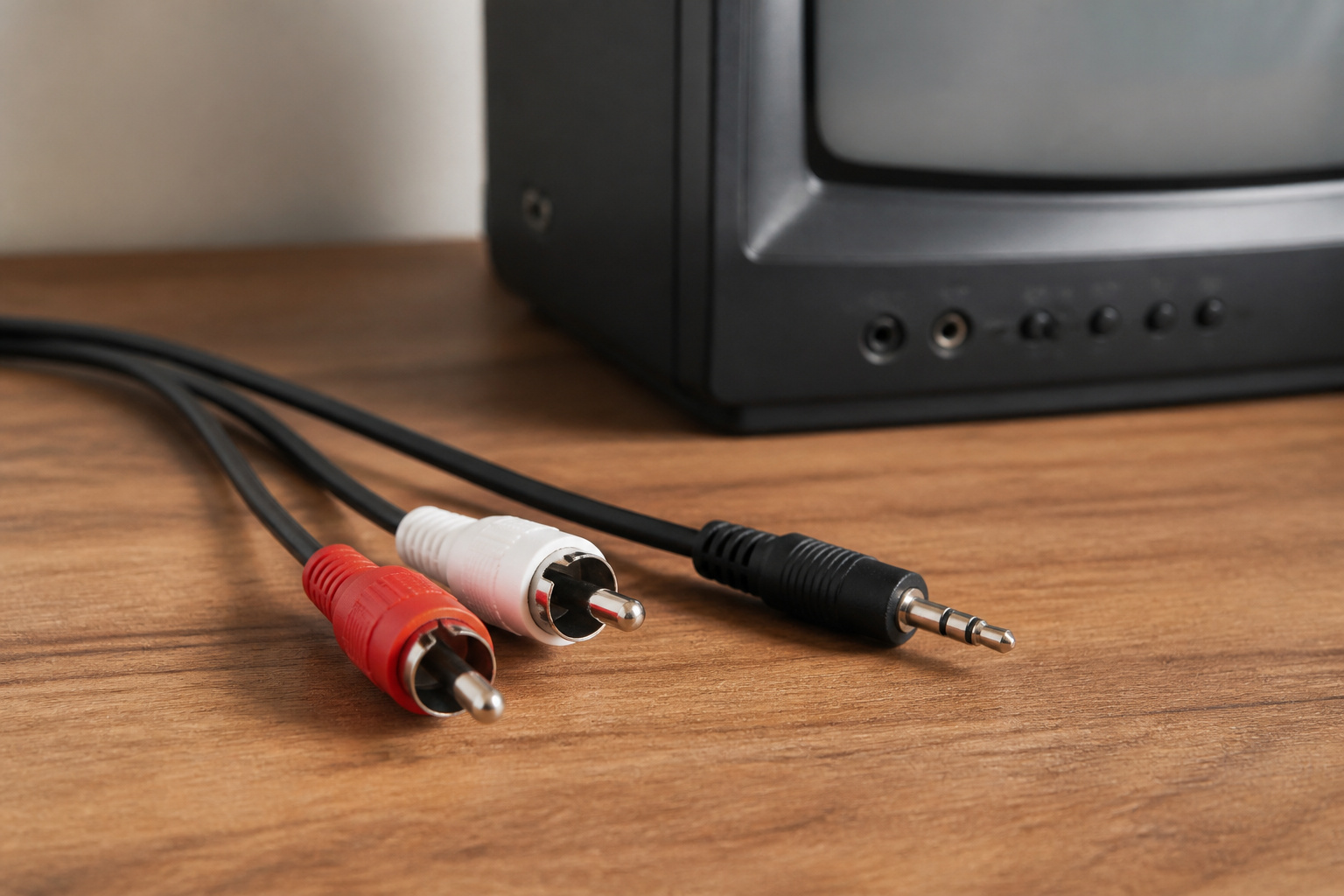 RCA and 3.5mm audio cables beside an older TV