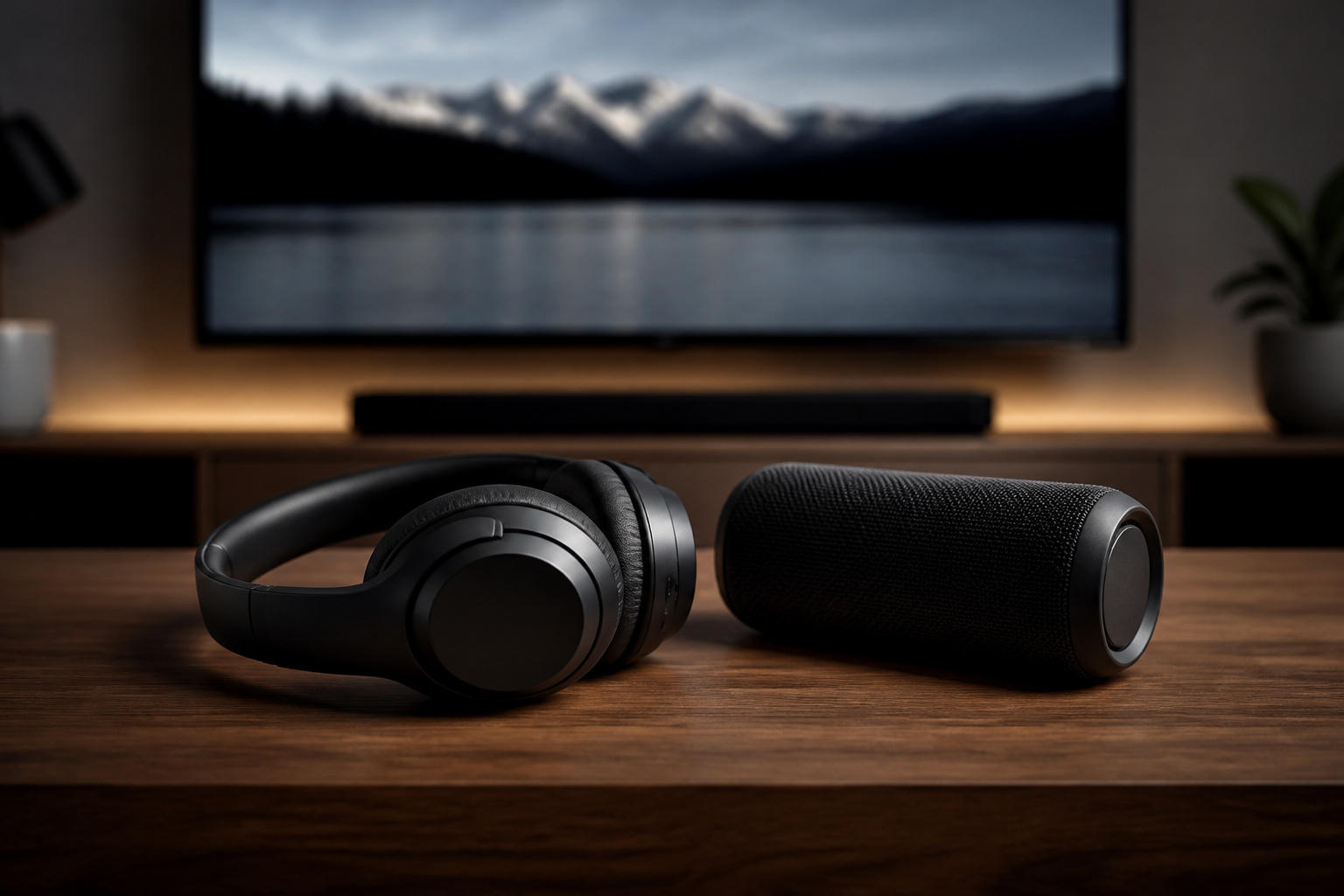 Wireless headphones and speaker in front of a TV