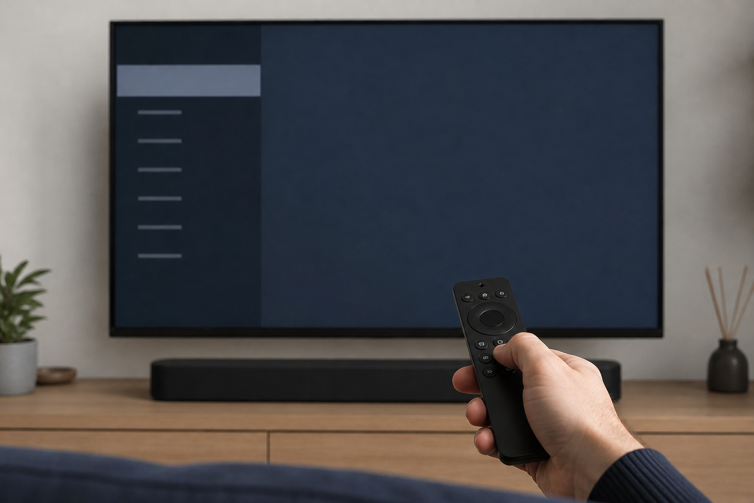 Hand using a TV remote to adjust audio settings