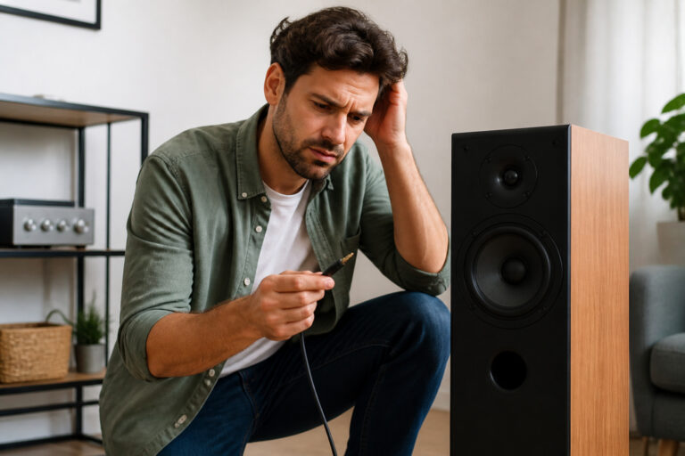 Person troubleshooting a distorted speaker
