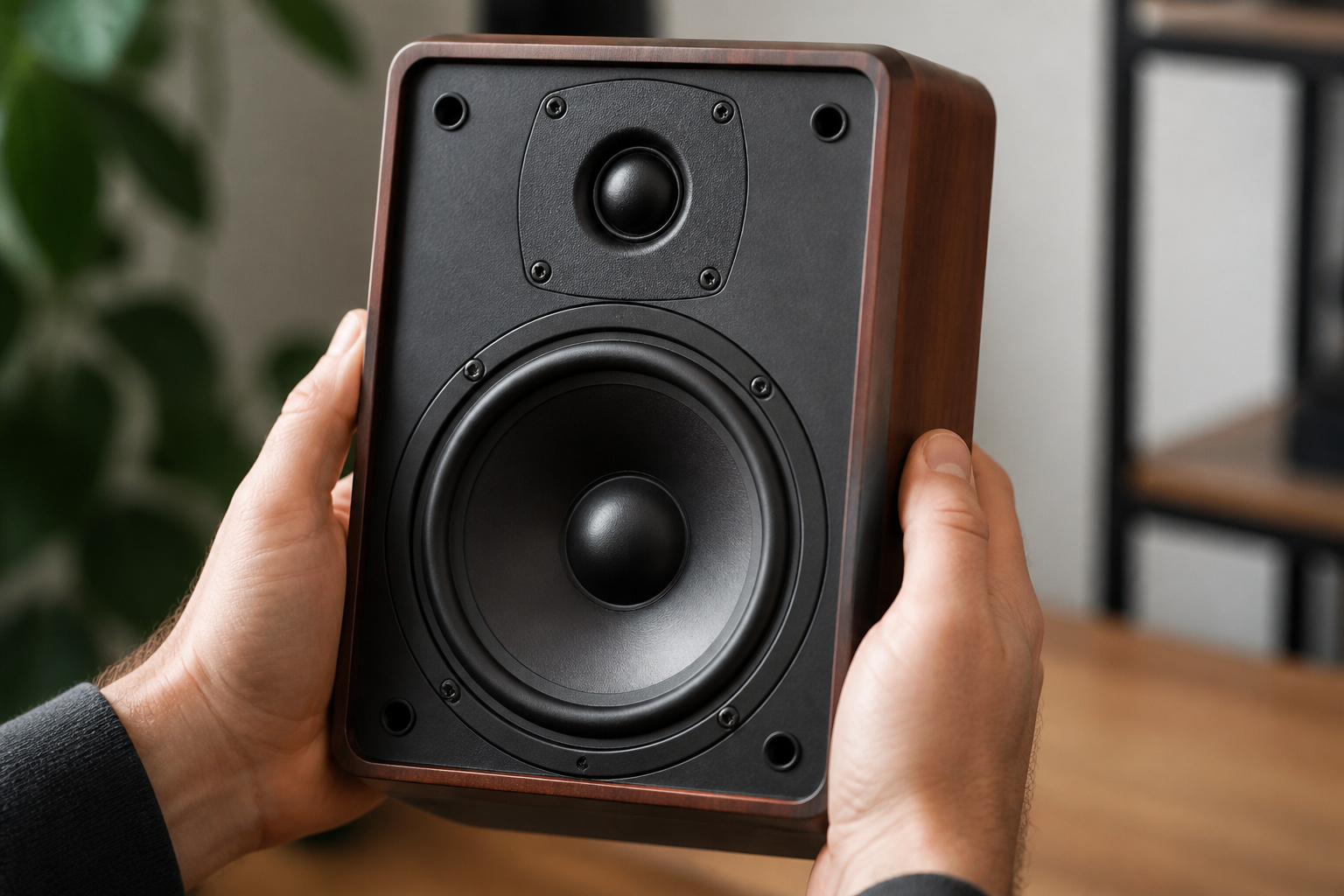 Speaker with the grille removed showing the woofer