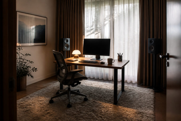 Small room with speakers, rug, and heavy curtains