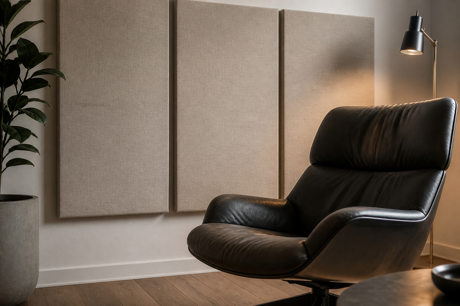 Fabric acoustic panels on a wall behind a chair