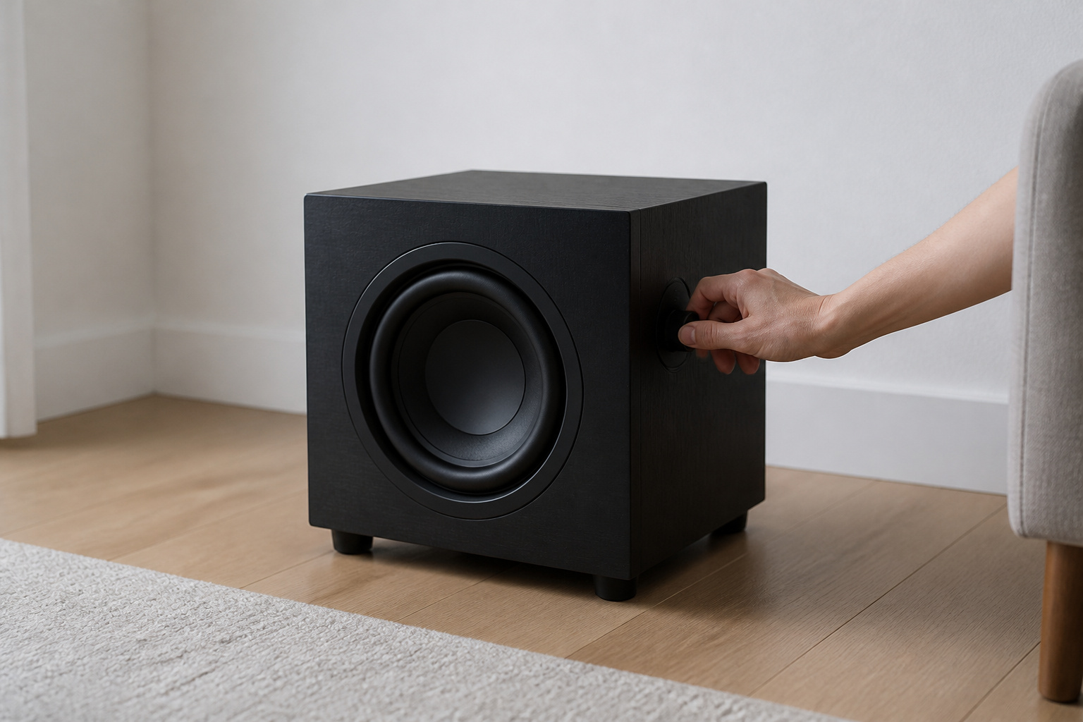Hand adjusting a subwoofer level in a small room