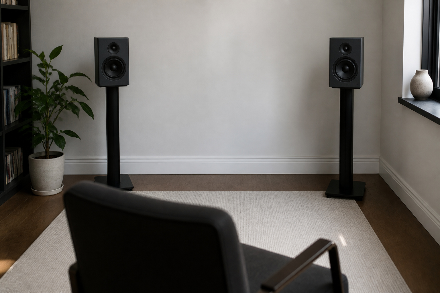 Speakers placed a foot from the wall in a small room