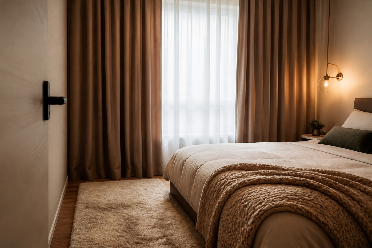 Thick curtains and a plush rug in a small bedroom