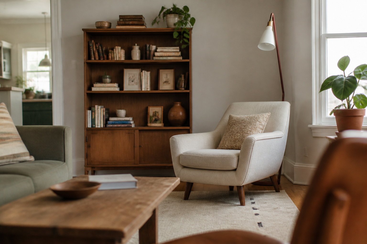 Small living room with an off-center bookshelf