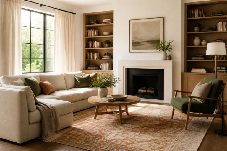 Living room softened with a rug, curtains, and bookshelves